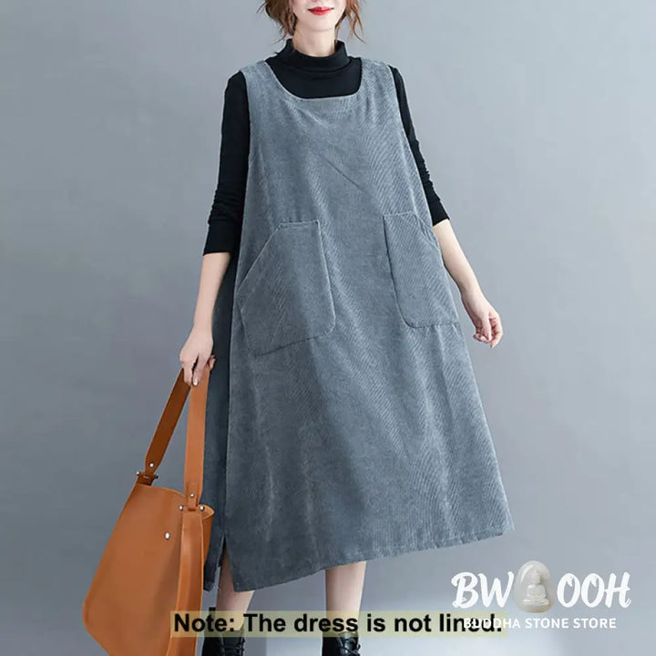 Buddha Stones Commute Crew Neck Women’s Sleeveless Cotton Corduroy Midi Dress With Pockets - Midi Dress
