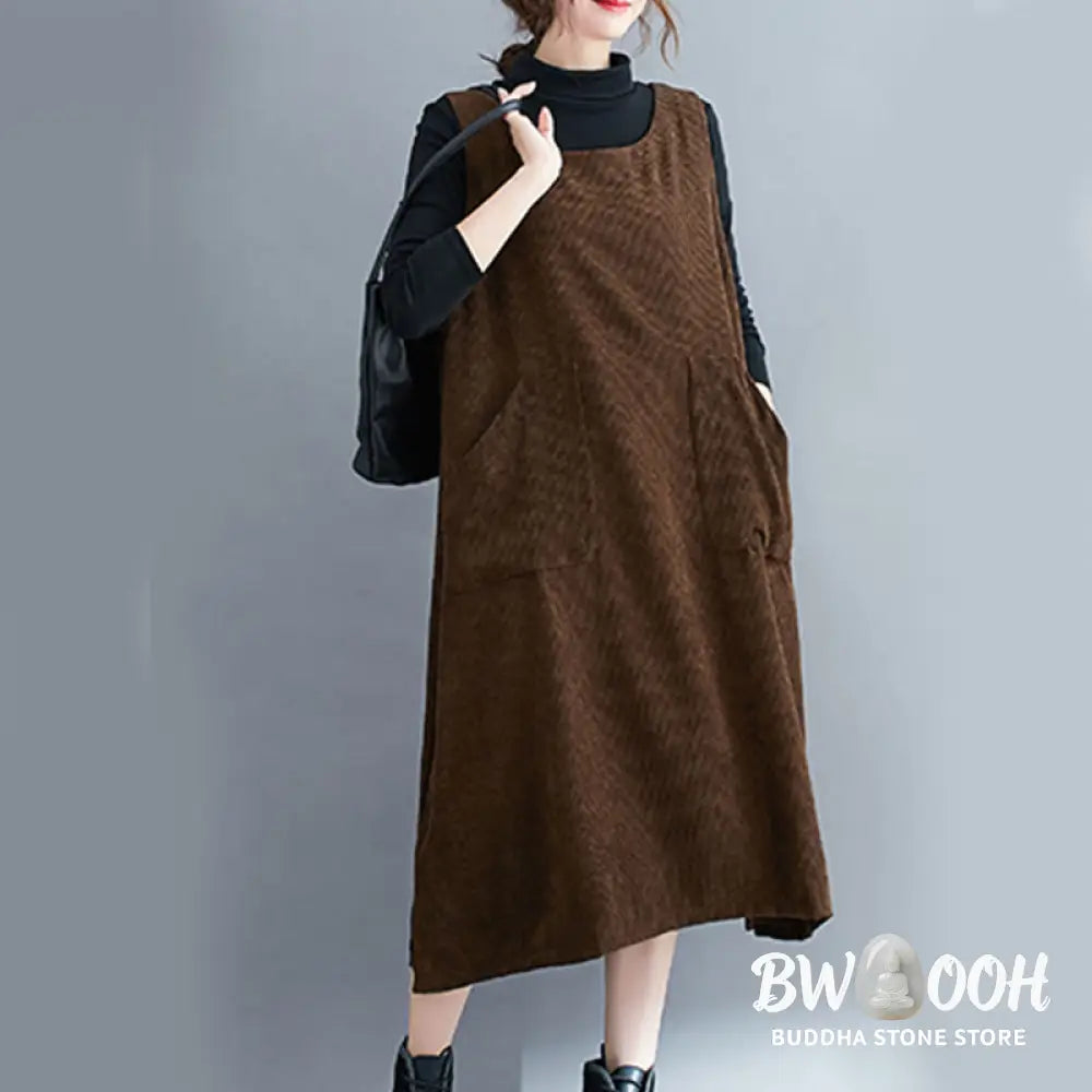 Buddha Stones Commute Crew Neck Women’s Sleeveless Cotton Corduroy Midi Dress With Pockets - Midi Dress