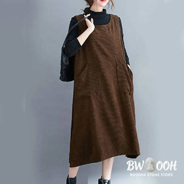 Buddha Stones Commute Crew Neck Women’s Sleeveless Cotton Corduroy Midi Dress With Pockets - Midi Dress