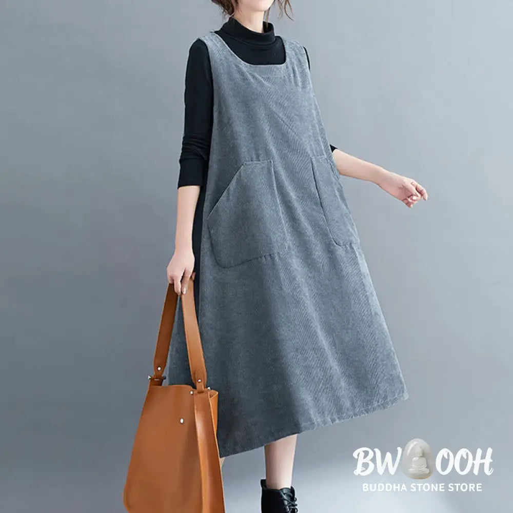 Buddha Stones Commute Crew Neck Women’s Sleeveless Cotton Corduroy Midi Dress With Pockets - Midi Dress
