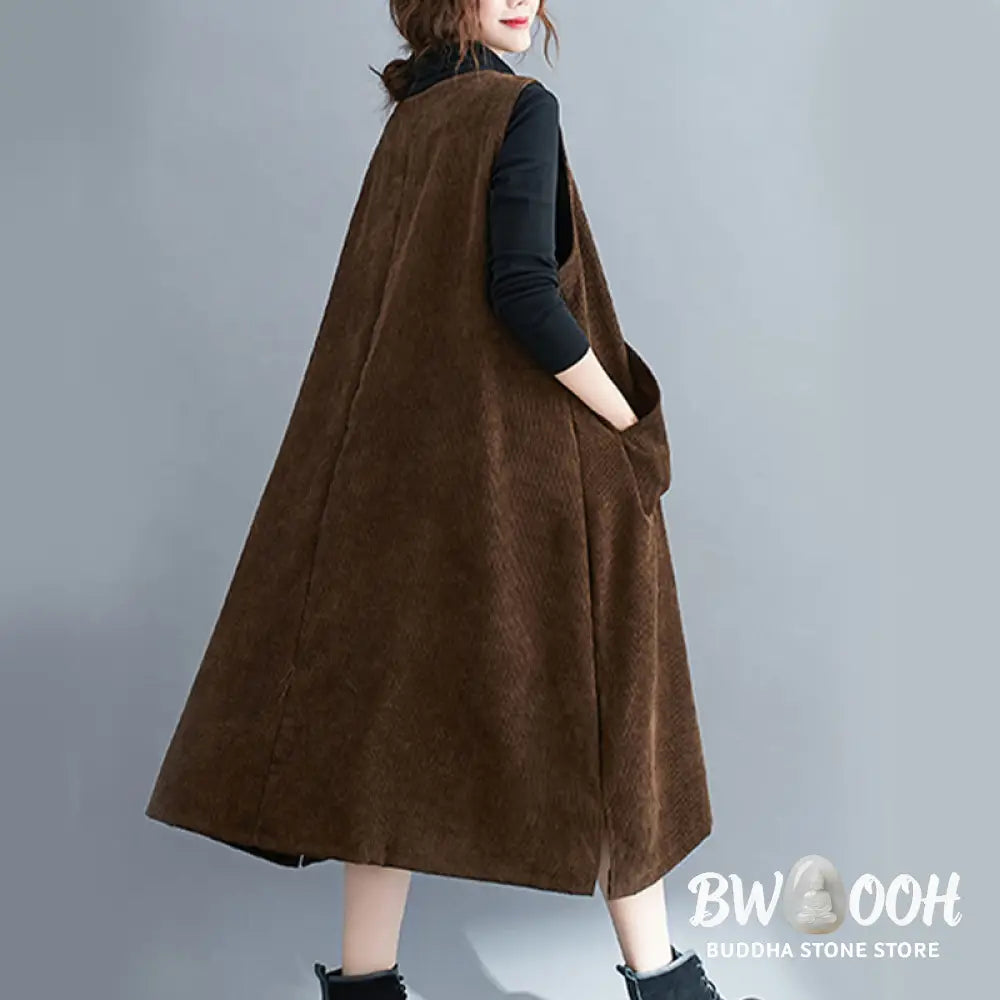 Buddha Stones Commute Crew Neck Women’s Sleeveless Cotton Corduroy Midi Dress With Pockets - Midi Dress