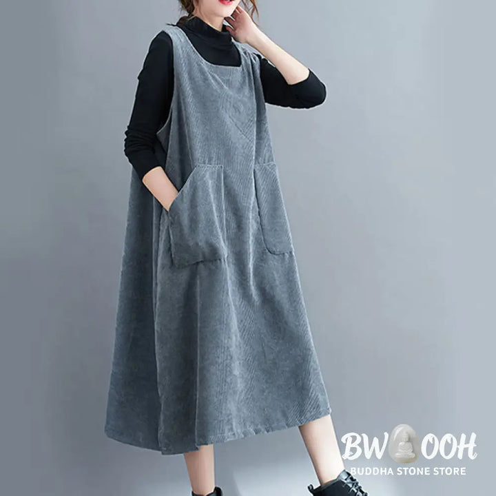 Buddha Stones Commute Crew Neck Women’s Sleeveless Cotton Corduroy Midi Dress With Pockets - Midi Dress