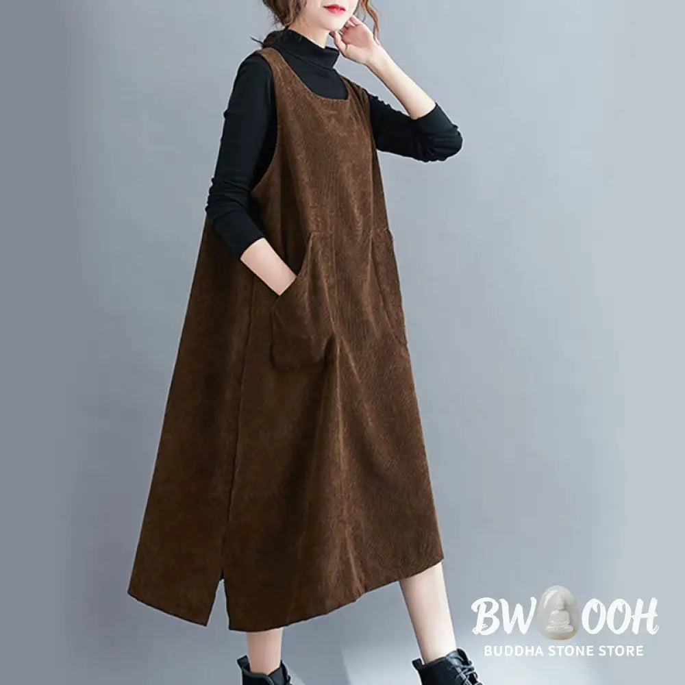 Buddha Stones Commute Crew Neck Women’s Sleeveless Cotton Corduroy Midi Dress With Pockets - Midi Dress