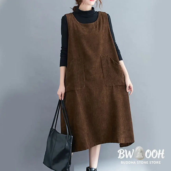 Buddha Stones Commute Crew Neck Women’s Sleeveless Cotton Corduroy Midi Dress With Pockets - Midi Dress