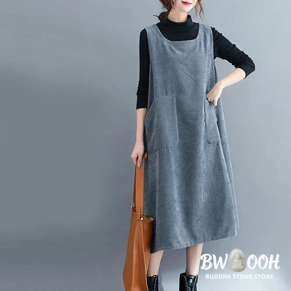 Buddha Stones Commute Crew Neck Women’s Sleeveless Cotton Corduroy Midi Dress With Pockets - Midi Dress