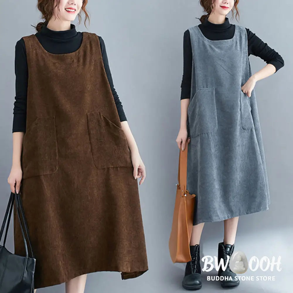 Buddha Stones Commute Crew Neck Women’s Sleeveless Cotton Corduroy Midi Dress With Pockets - Midi Dress
