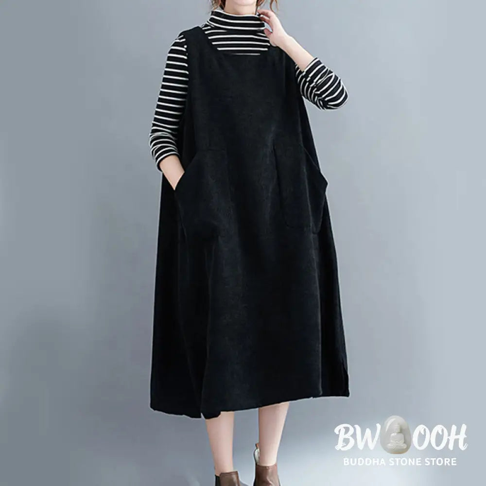 Buddha Stones Commute Crew Neck Women’s Sleeveless Cotton Corduroy Midi Dress With Pockets - Midi Dress