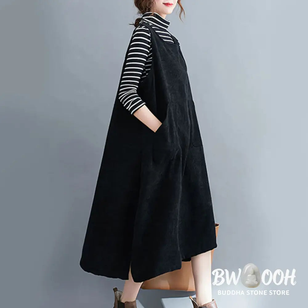 Buddha Stones Commute Crew Neck Women’s Sleeveless Cotton Corduroy Midi Dress With Pockets - Midi Dress