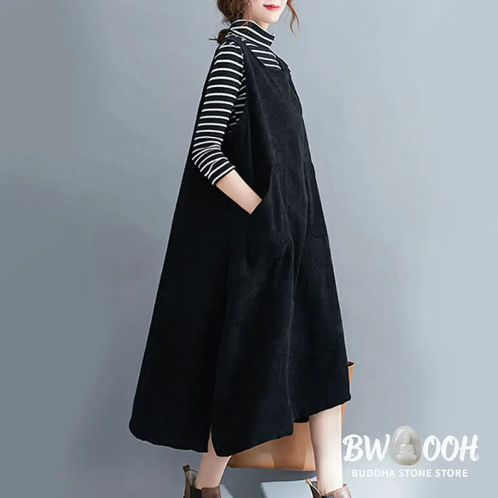 Buddha Stones Commute Crew Neck Women’s Sleeveless Cotton Corduroy Midi Dress With Pockets - Midi Dress