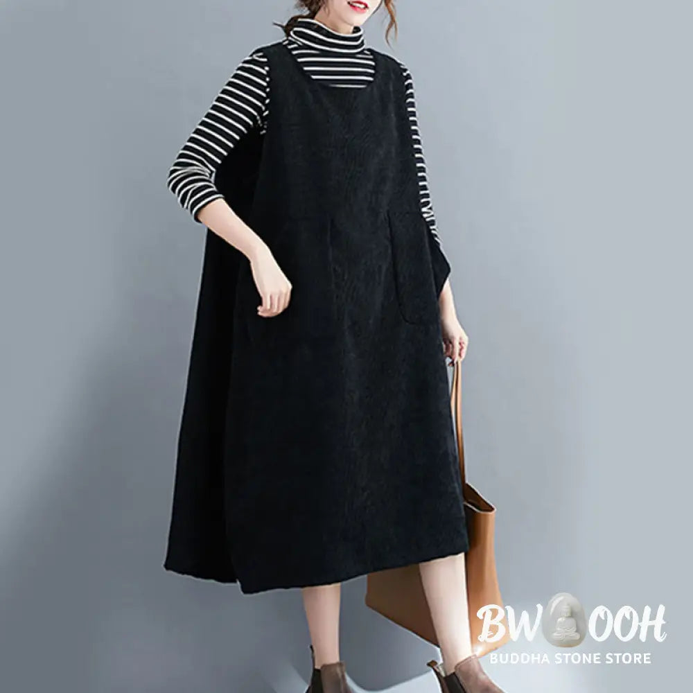 Buddha Stones Commute Crew Neck Women’s Sleeveless Cotton Corduroy Midi Dress With Pockets - Midi Dress
