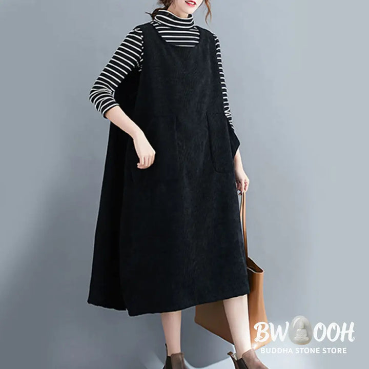 Buddha Stones Commute Crew Neck Women’s Sleeveless Cotton Corduroy Midi Dress With Pockets - Midi Dress