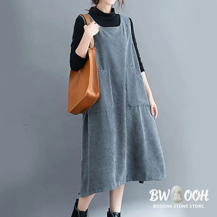 Buddha Stones Commute Crew Neck Women’s Sleeveless Cotton Corduroy Midi Dress With Pockets - Midi Dress