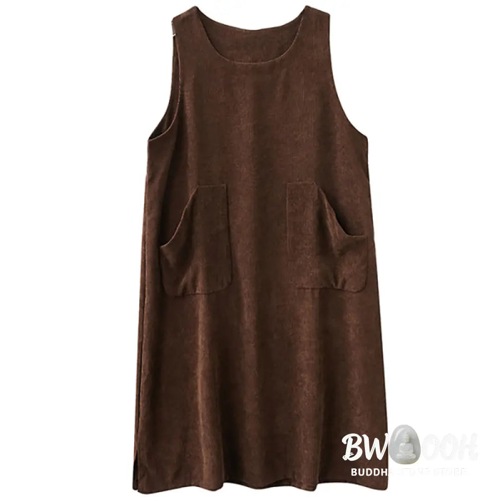 Buddha Stones Commute Crew Neck Women’s Sleeveless Cotton Corduroy Midi Dress With Pockets - Midi Dress