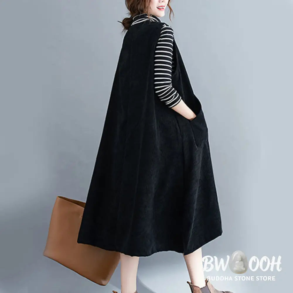 Buddha Stones Commute Crew Neck Women’s Sleeveless Cotton Corduroy Midi Dress With Pockets - Midi Dress