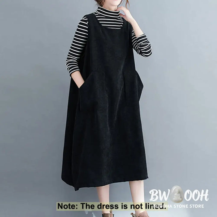 Buddha Stones Commute Crew Neck Women’s Sleeveless Cotton Corduroy Midi Dress With Pockets - Midi Dress