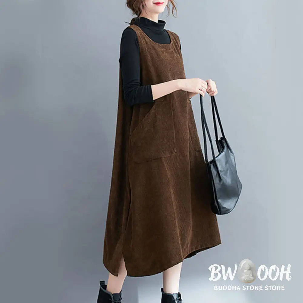 Buddha Stones Commute Crew Neck Women’s Sleeveless Cotton Corduroy Midi Dress With Pockets - Midi Dress