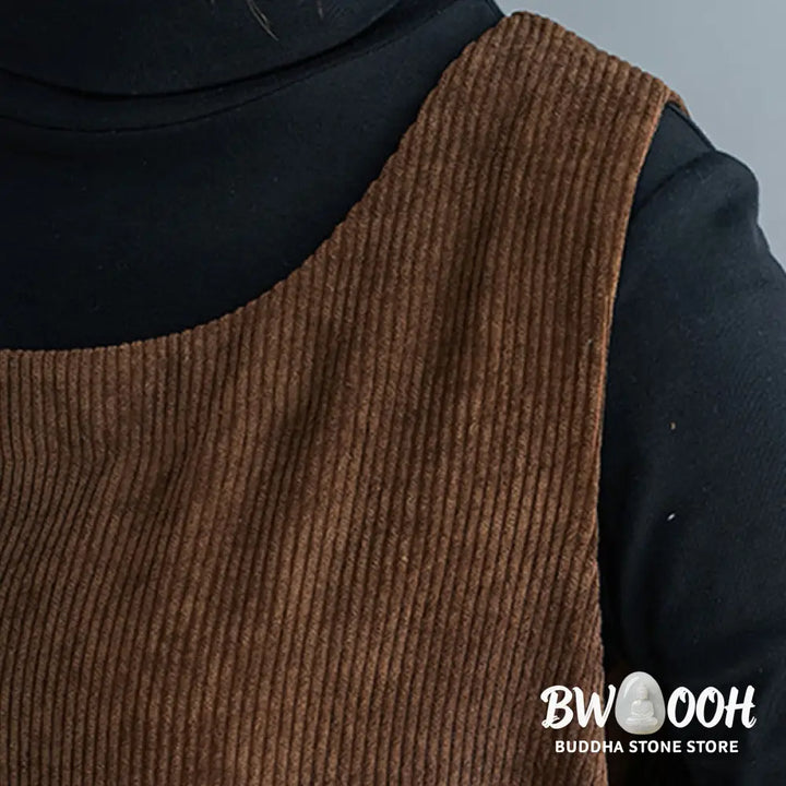 Buddha Stones Commute Crew Neck Women’s Sleeveless Cotton Corduroy Midi Dress With Pockets - Midi Dress