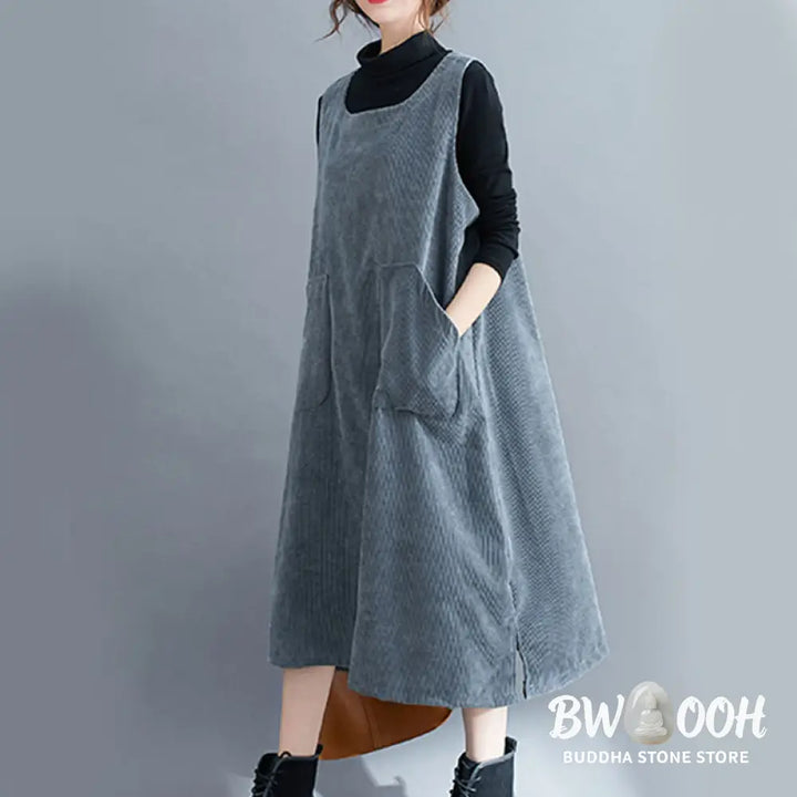 Buddha Stones Commute Crew Neck Women’s Sleeveless Cotton Corduroy Midi Dress With Pockets - Midi Dress