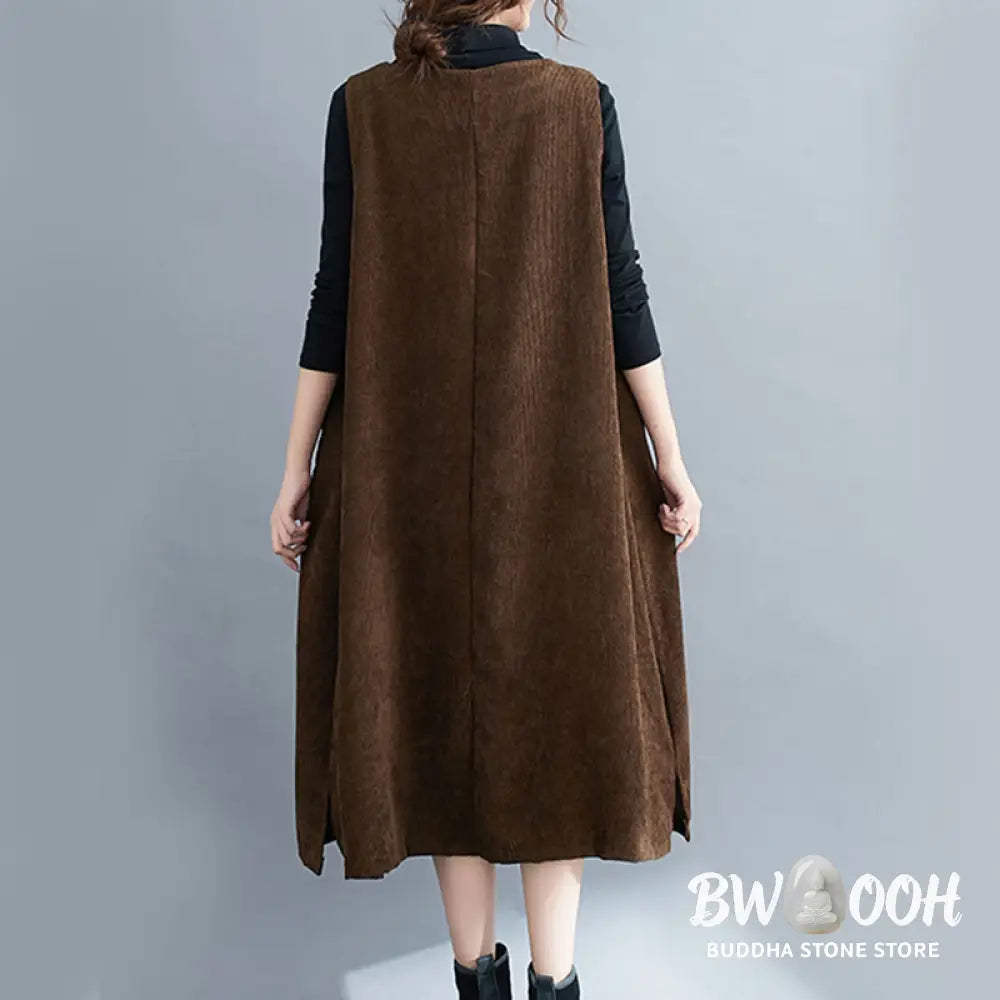 Buddha Stones Commute Crew Neck Women’s Sleeveless Cotton Corduroy Midi Dress With Pockets - Midi Dress