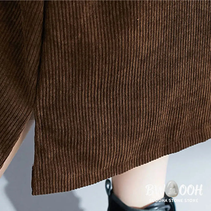 Buddha Stones Commute Crew Neck Women’s Sleeveless Cotton Corduroy Midi Dress With Pockets - Midi Dress