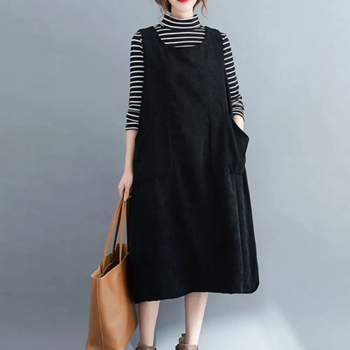 Buddha Stones Commute Crew Neck Women’s Sleeveless Cotton Corduroy Midi Dress With Pockets - Black / US4，UK/AU8，EU36