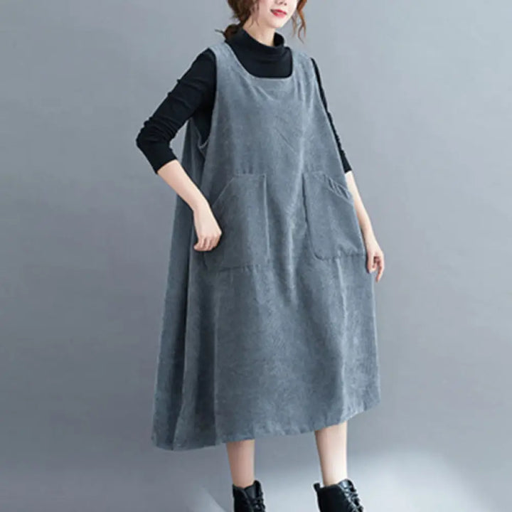 Buddha Stones Commute Crew Neck Women’s Sleeveless Cotton Corduroy Midi Dress With Pockets - SteelBlue