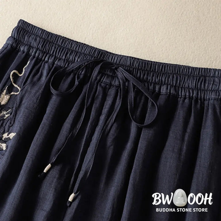 Buddha Stones Commute Embroidery Drawstring Women’s Cotton Wide Leg Pants With Pockets - Women’s Wide Leg Pants