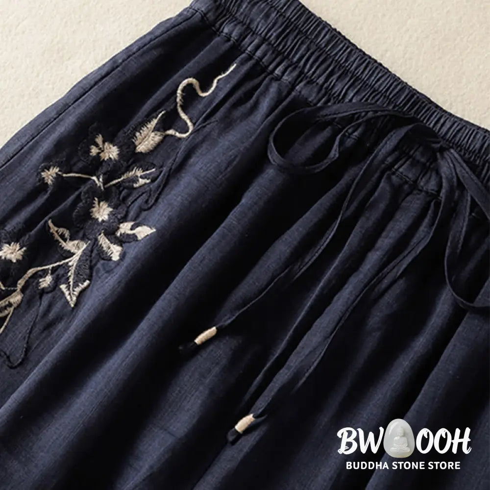 Buddha Stones Commute Embroidery Drawstring Women’s Cotton Wide Leg Pants With Pockets - Women’s Wide Leg Pants