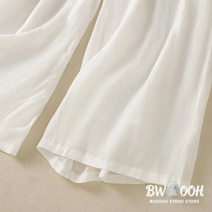 Buddha Stones Commute Embroidery Drawstring Women’s Cotton Wide Leg Pants With Pockets - Women’s Wide Leg Pants
