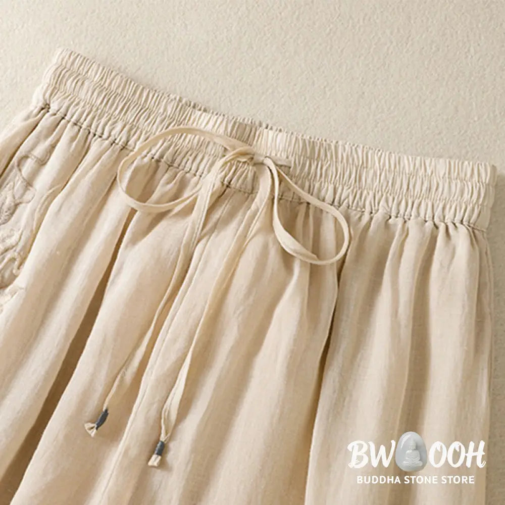 Buddha Stones Commute Embroidery Drawstring Women’s Cotton Wide Leg Pants With Pockets - Women’s Wide Leg Pants