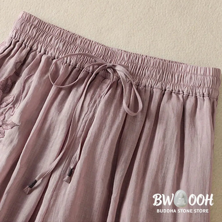 Buddha Stones Commute Embroidery Drawstring Women’s Cotton Wide Leg Pants With Pockets - Women’s Wide Leg Pants