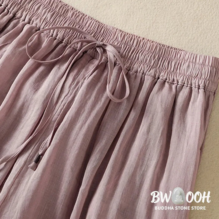 Buddha Stones Commute Embroidery Drawstring Women’s Cotton Wide Leg Pants With Pockets - Women’s Wide Leg Pants
