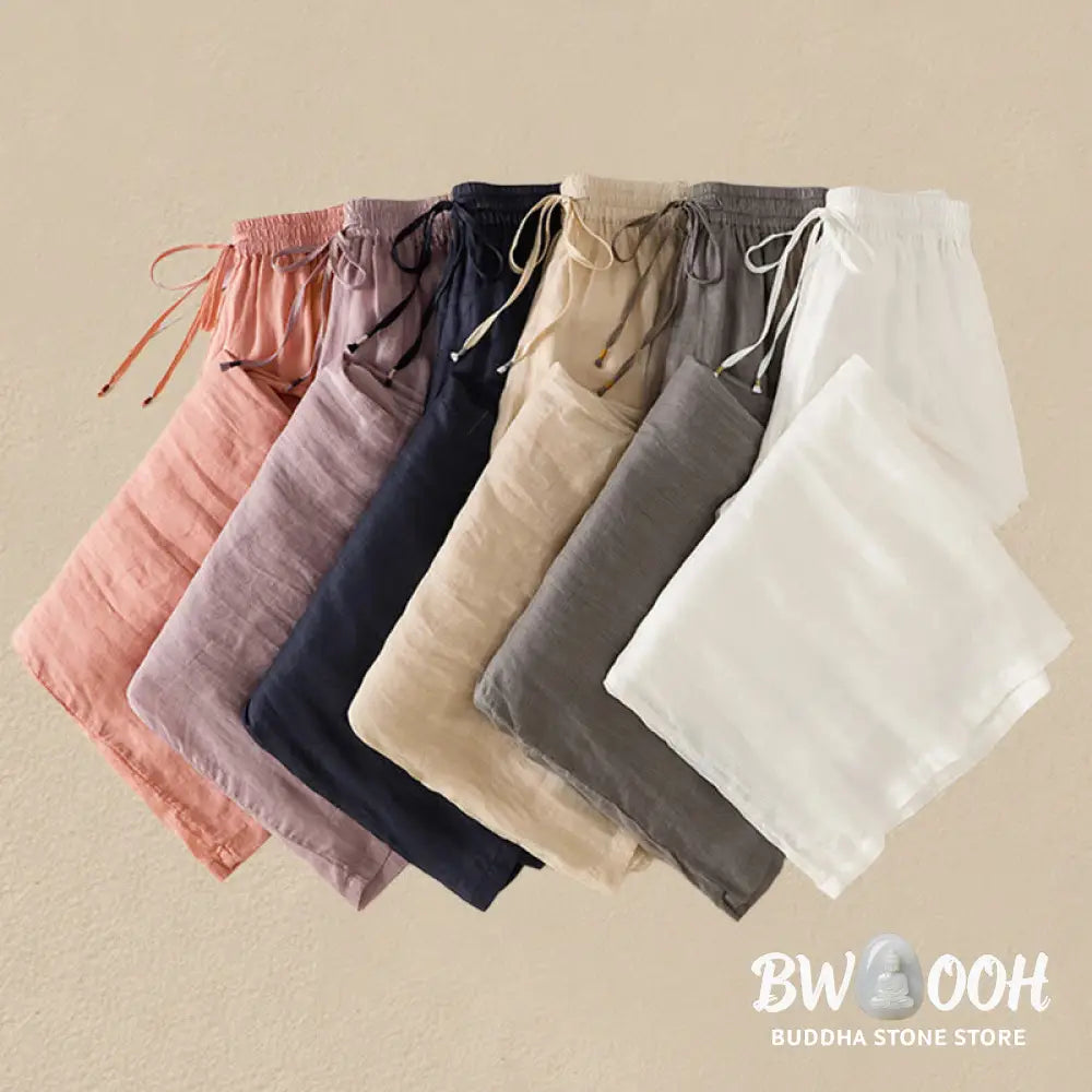 Buddha Stones Commute Embroidery Drawstring Women’s Cotton Wide Leg Pants With Pockets - Women’s Wide Leg Pants