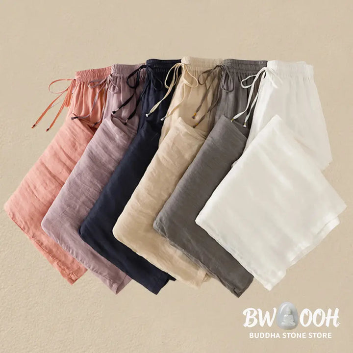 Buddha Stones Commute Embroidery Drawstring Women’s Cotton Wide Leg Pants With Pockets - Women’s Wide Leg Pants