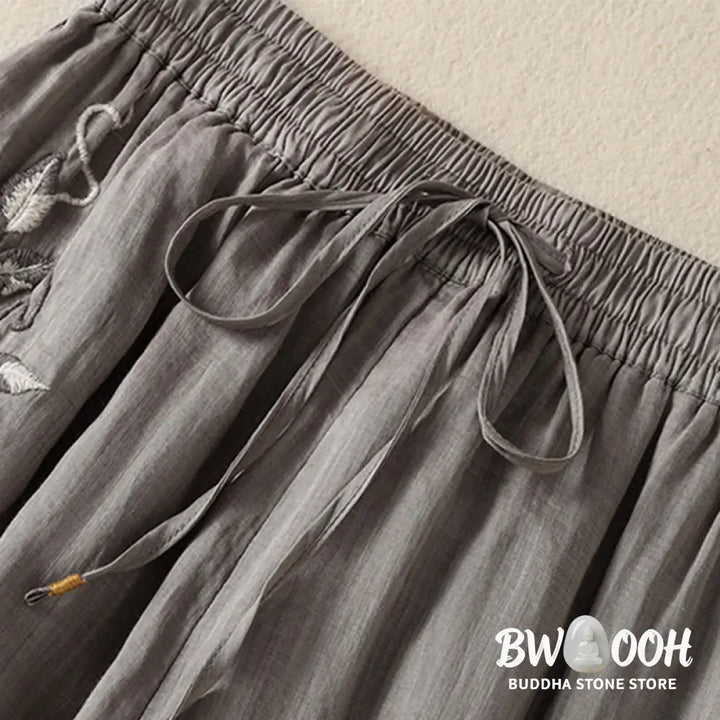 Buddha Stones Commute Embroidery Drawstring Women’s Cotton Wide Leg Pants With Pockets - Women’s Wide Leg Pants