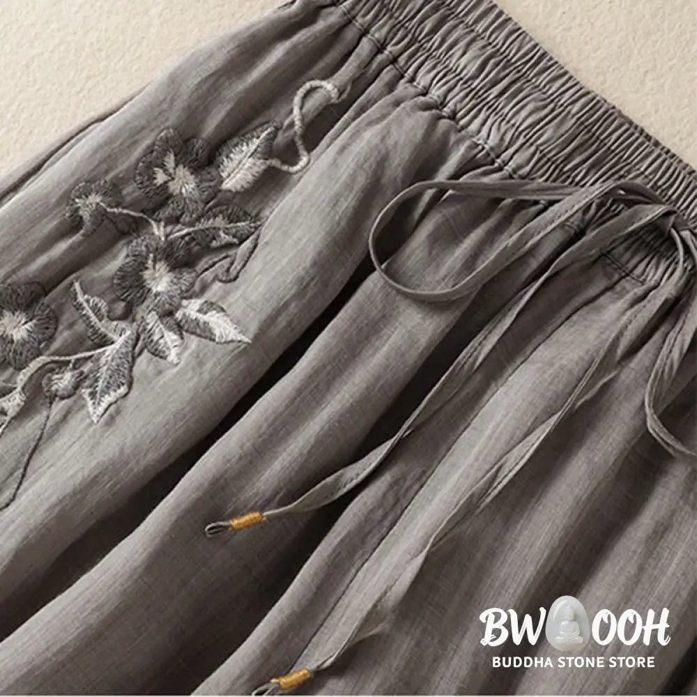 Buddha Stones Commute Embroidery Drawstring Women’s Cotton Wide Leg Pants With Pockets - Women’s Wide Leg Pants