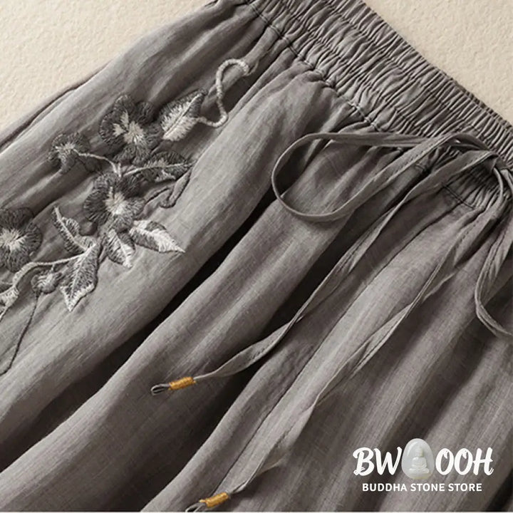 Buddha Stones Commute Embroidery Drawstring Women’s Cotton Wide Leg Pants With Pockets - Women’s Wide Leg Pants