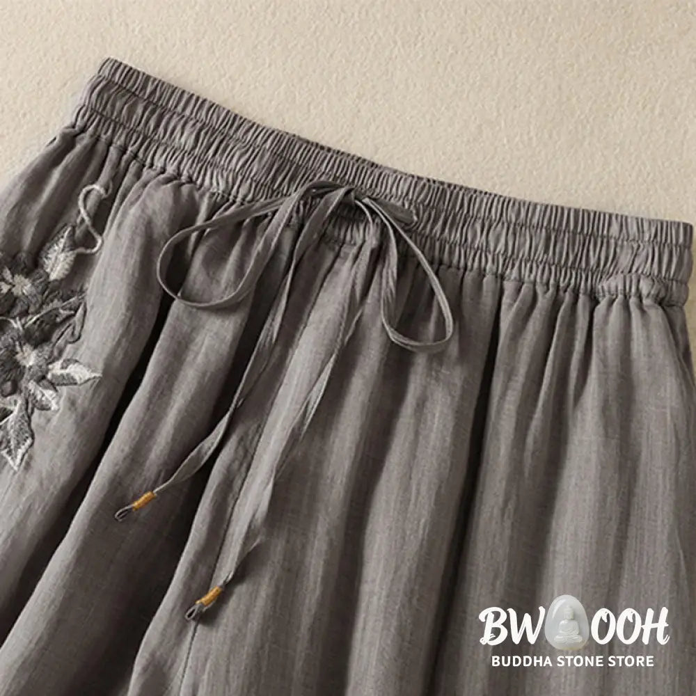 Buddha Stones Commute Embroidery Drawstring Women’s Cotton Wide Leg Pants With Pockets - Women’s Wide Leg Pants