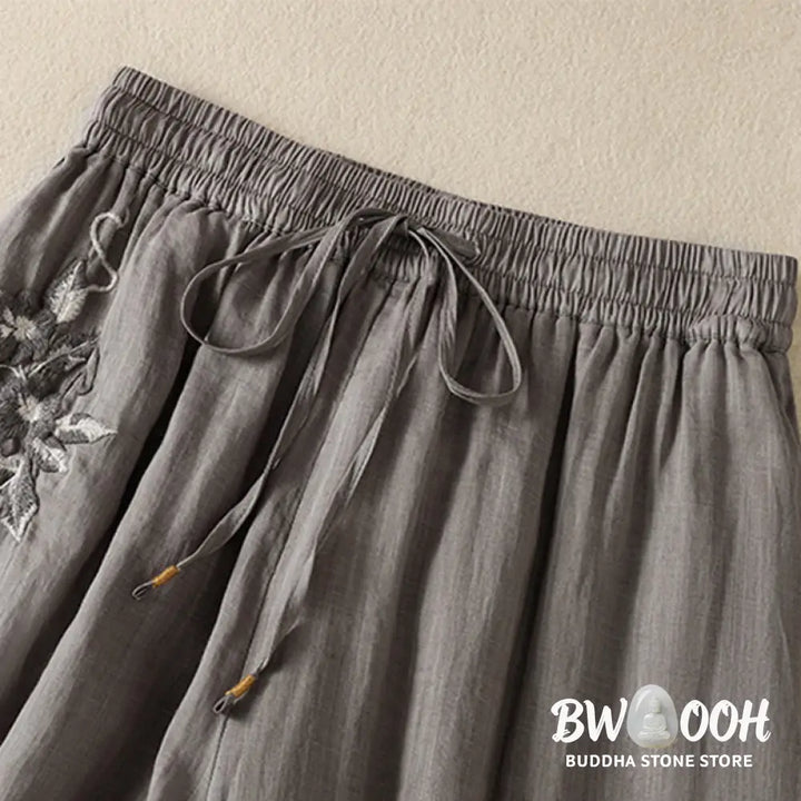 Buddha Stones Commute Embroidery Drawstring Women’s Cotton Wide Leg Pants With Pockets - Women’s Wide Leg Pants