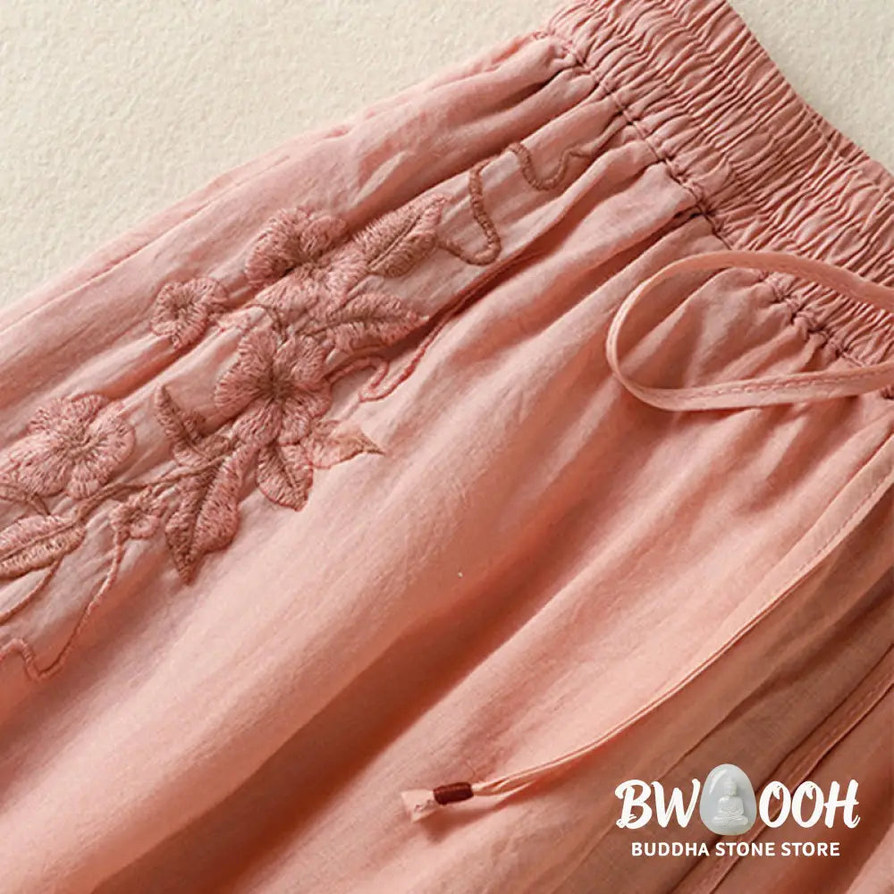Buddha Stones Commute Embroidery Drawstring Women’s Cotton Wide Leg Pants With Pockets - Women’s Wide Leg Pants