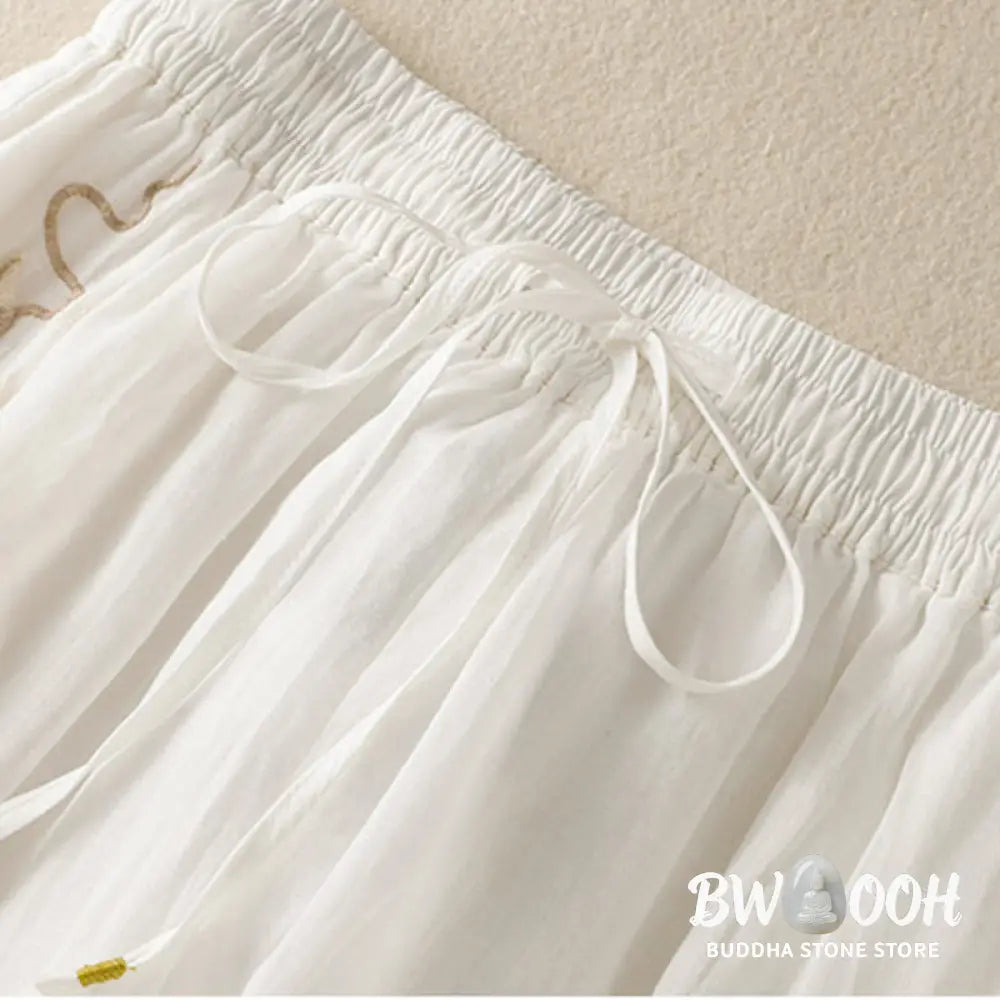Buddha Stones Commute Embroidery Drawstring Women’s Cotton Wide Leg Pants With Pockets - Women’s Wide Leg Pants
