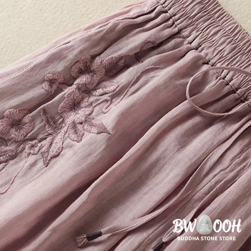 Buddha Stones Commute Embroidery Drawstring Women’s Cotton Wide Leg Pants With Pockets - Women’s Wide Leg Pants