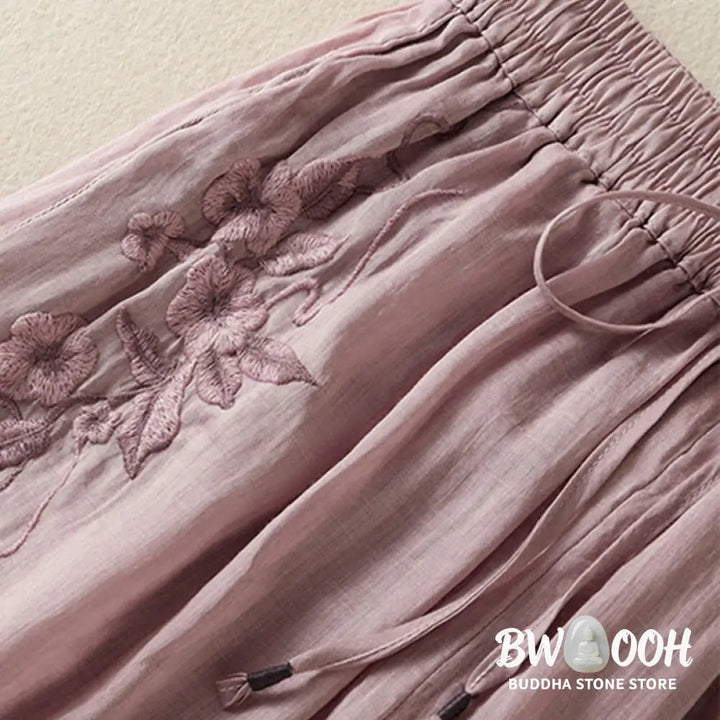 Buddha Stones Commute Embroidery Drawstring Women’s Cotton Wide Leg Pants With Pockets - Women’s Wide Leg Pants