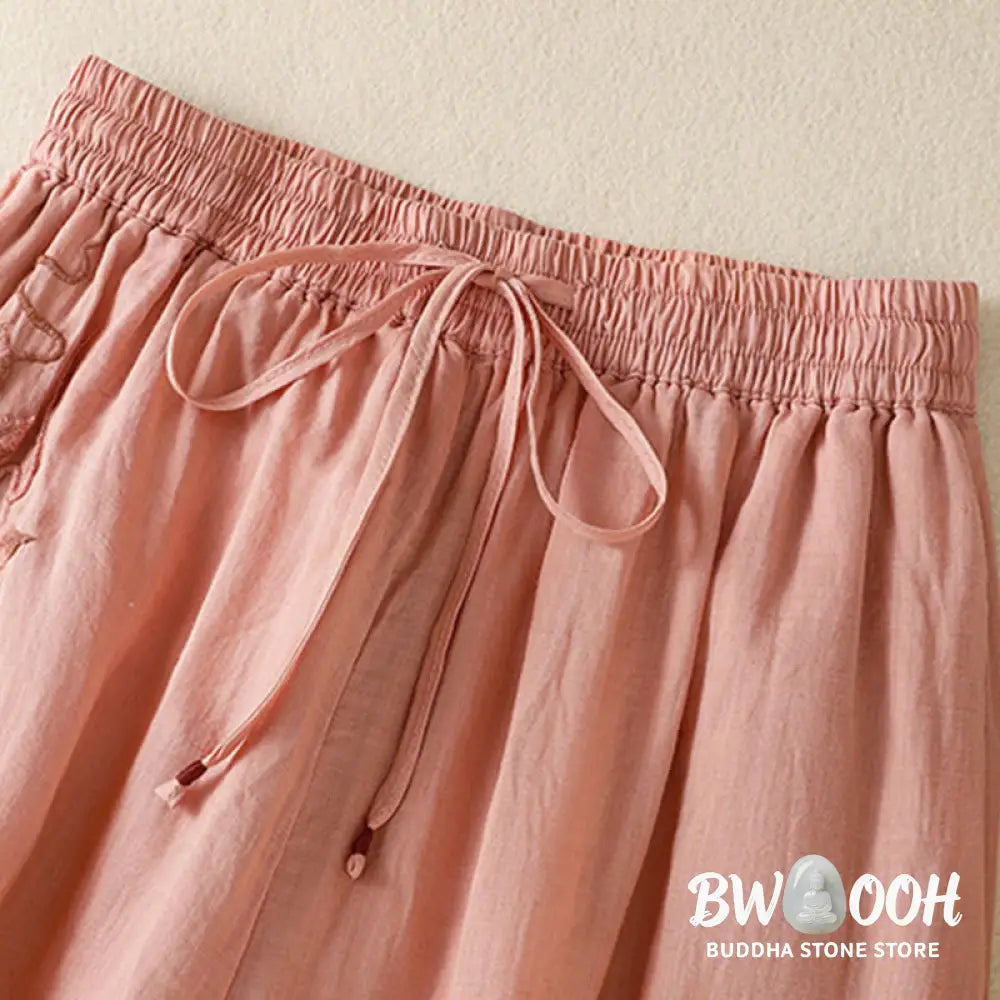 Buddha Stones Commute Embroidery Drawstring Women’s Cotton Wide Leg Pants With Pockets - Women’s Wide Leg Pants