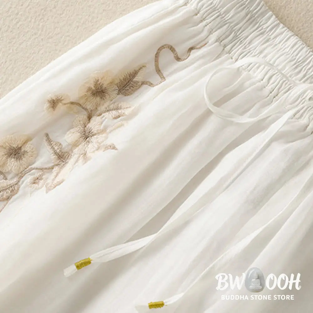 Buddha Stones Commute Embroidery Drawstring Women’s Cotton Wide Leg Pants With Pockets - Women’s Wide Leg Pants