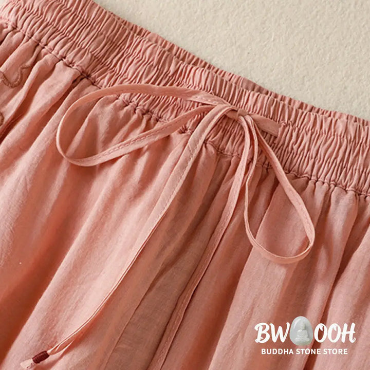 Buddha Stones Commute Embroidery Drawstring Women’s Cotton Wide Leg Pants With Pockets - Women’s Wide Leg Pants