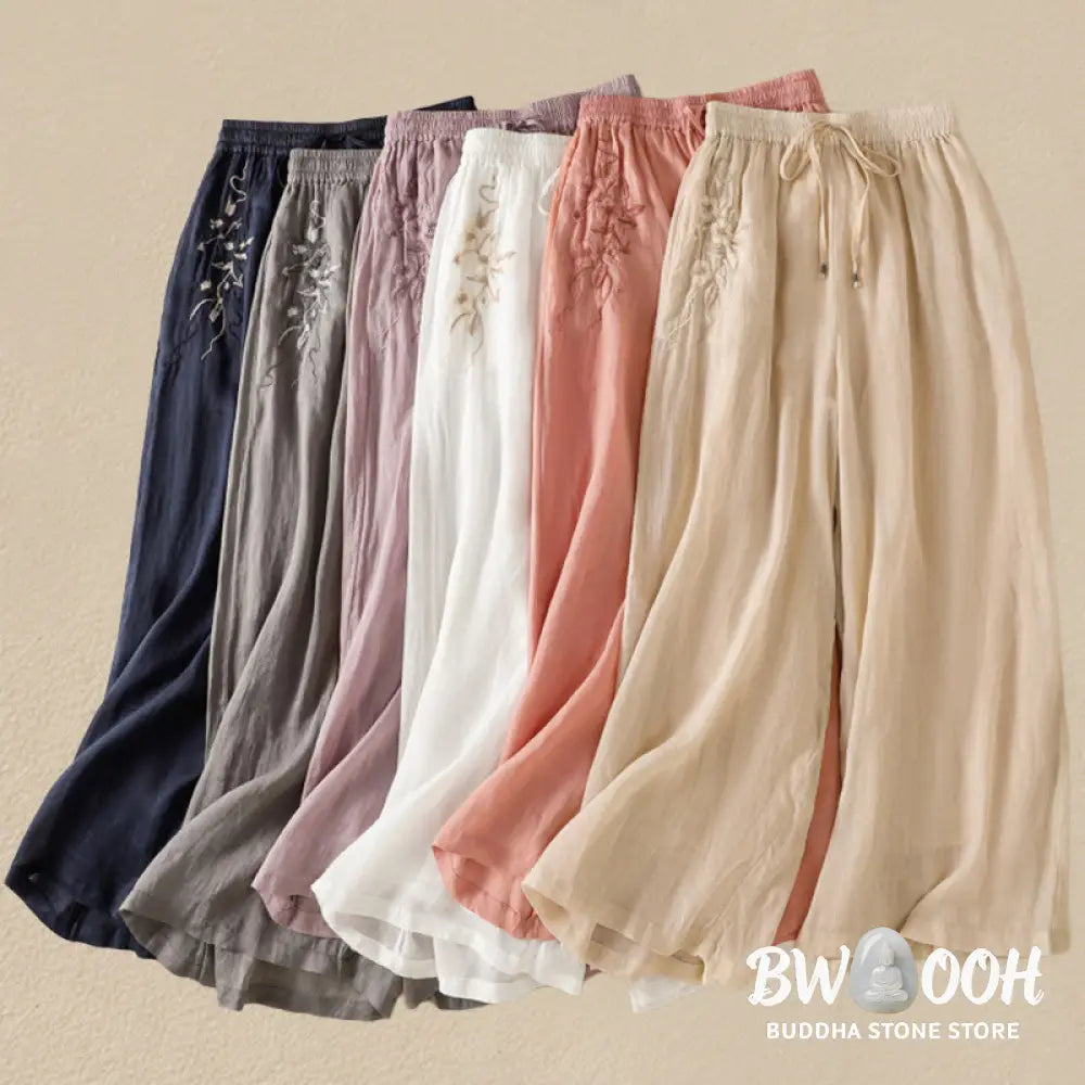 Buddha Stones Commute Embroidery Drawstring Women’s Cotton Wide Leg Pants With Pockets - Women’s Wide Leg Pants