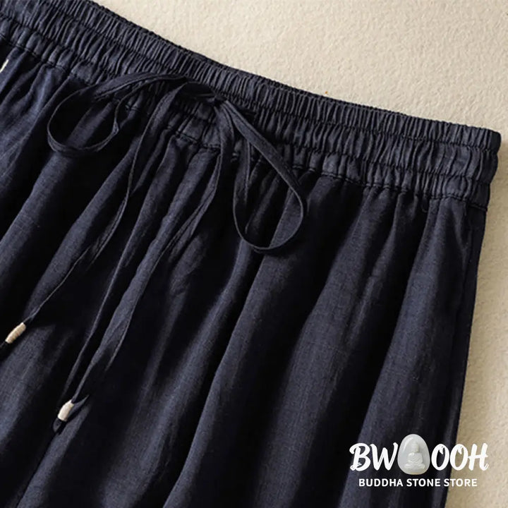 Buddha Stones Commute Embroidery Drawstring Women’s Cotton Wide Leg Pants With Pockets - Women’s Wide Leg Pants