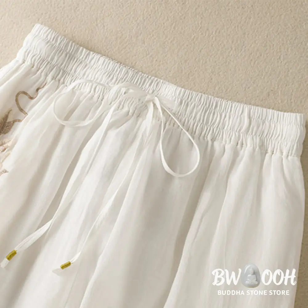 Buddha Stones Commute Embroidery Drawstring Women’s Cotton Wide Leg Pants With Pockets - Women’s Wide Leg Pants