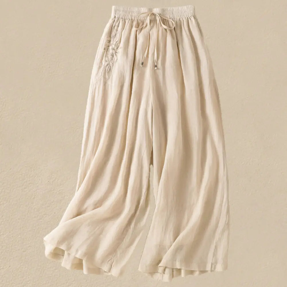 Buddha Stones Commute Embroidery Drawstring Women’s Cotton Wide Leg Pants With Pockets - Beige / US4，UK/AU8，EU36 (L)